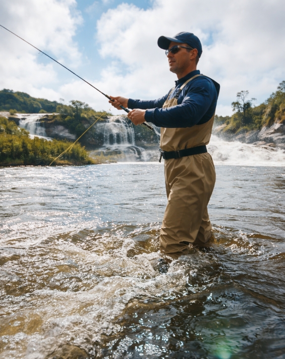 Angler bei der Fliegenfischerei im Fluss
