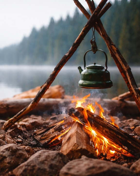 Kessel über dem Lagerfeuer am See